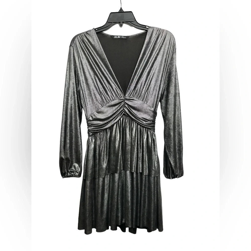 Zara Silver Metallic Tiered Ruffle Stretch Mini Dress Size Small